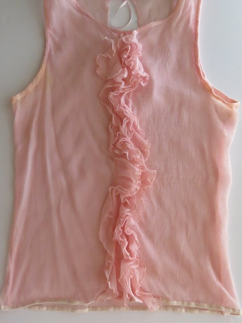 Vintage Silk Ruffle Tank, Pink Sheer Chiffon Sleeveless Top, Italy Ballet Cami